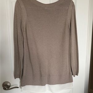 Hilary Radley Taupe Scoop-Neck Layered Hem Sweater